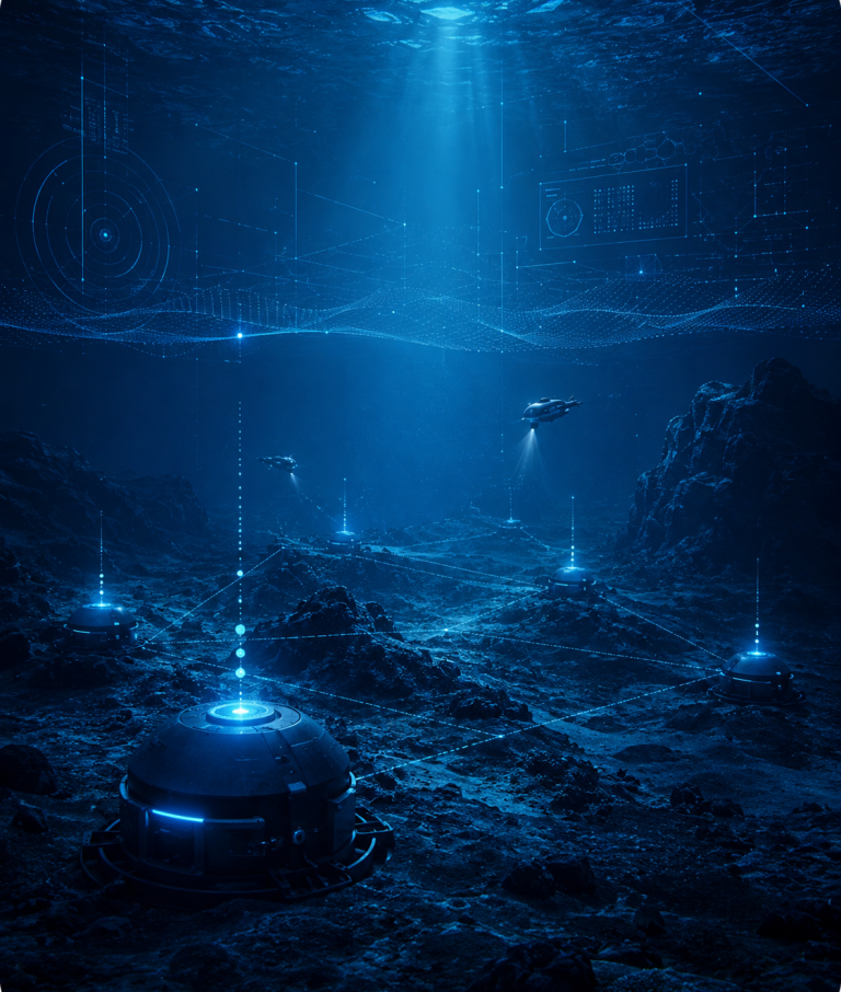 Technologie sous-marine autonome et surveillance océanique Technologie sous-marine autonome avec capteurs distribués, réseau océanique intelligent, visualisation et surveillance maritime.